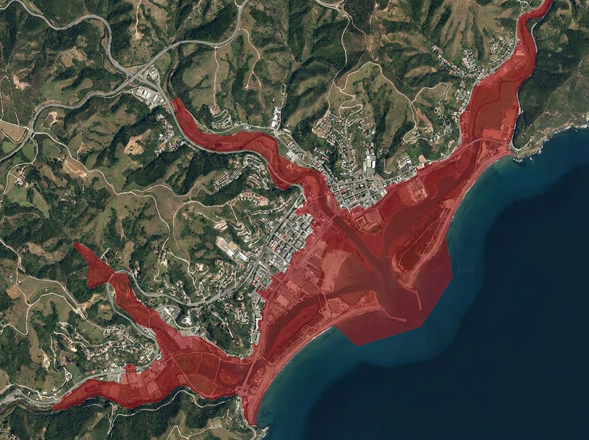 Satellite flood simulation with red inundation-extent overlay on a coastal town, modelled on 1m elevation data