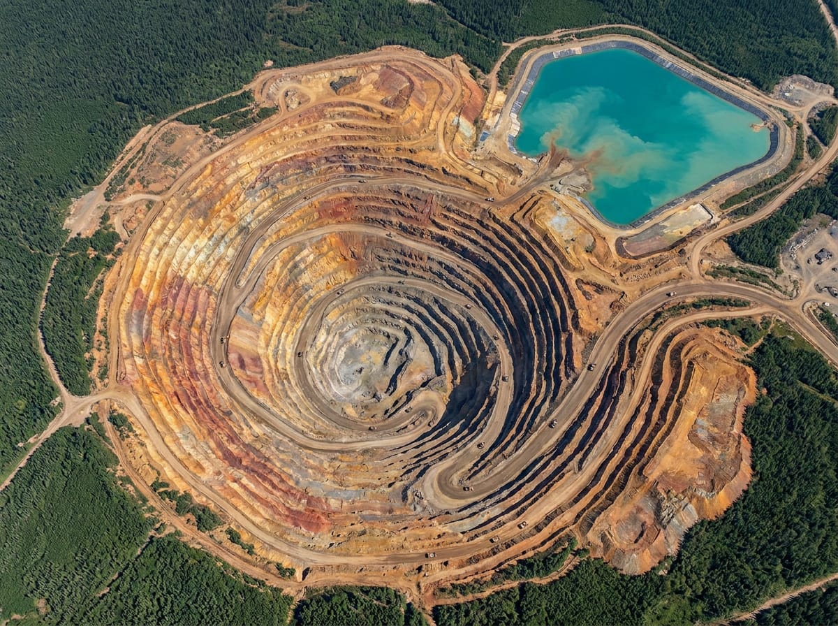 Overhead satellite image of an open-pit mine with terraced benches, monitored weekly for change detection