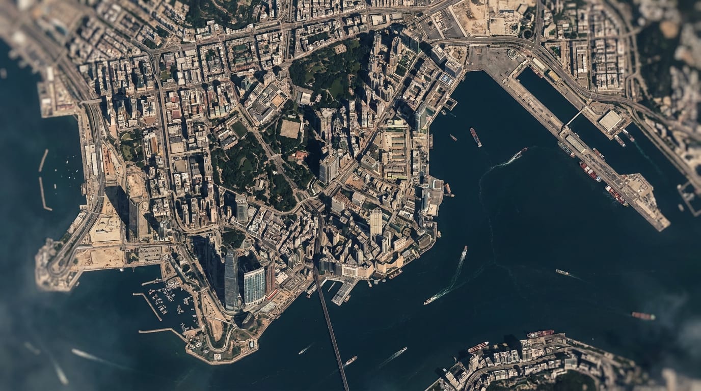 AI-enhanced 1m true-color satellite image of a coastal city — Bear Systems Refined Reality visual imagery